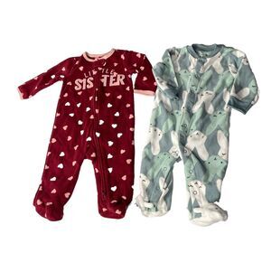 Lot of 2 Carters Baby Girls Size 6M Footies Little Sister Hearts, Bunnies Print